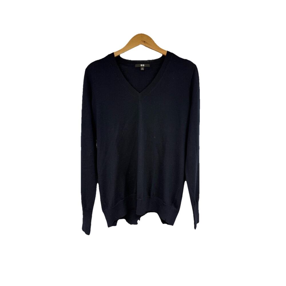 Uniqlo V Neck 100%‎ Wool Navy Blue Sweater Womens Large READ